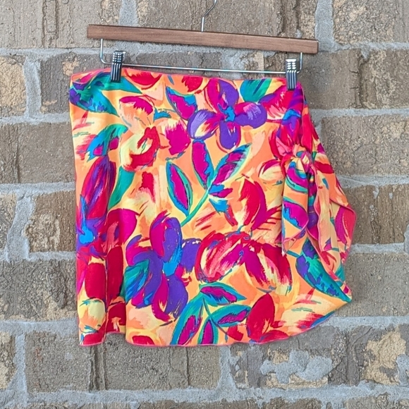 VTG 80s Neon Floral Stretchy Swim Coverup Skirt Mini Sarong Carabella Collection - Picture 1 of 6
